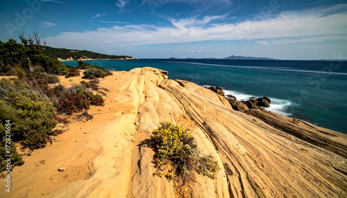 Coastal landscape with striated sandstone cliffs