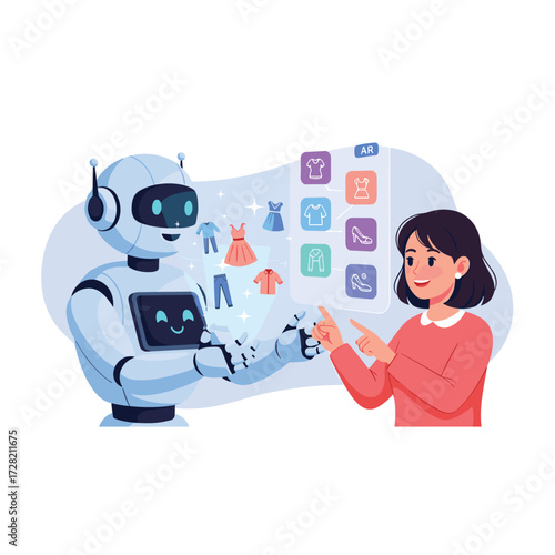 Woman interacting with a robot assistant for augmented reality clothing shopping interface design concept
