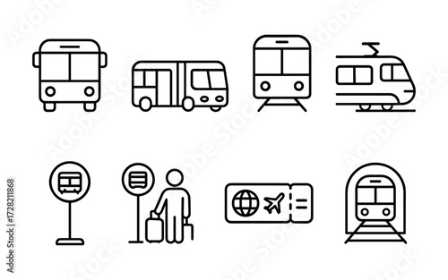 Set of black line icons illustrating public transport vehicles.