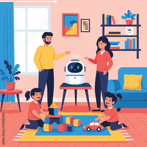 Family interacting with a robot in their living room while children play on the carpeted floor