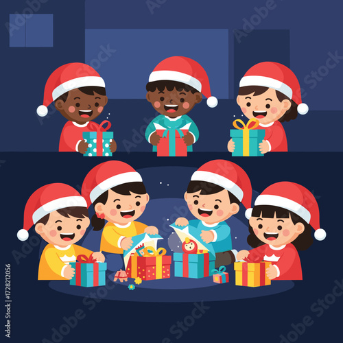 Group of children wearing santa hats opening christmas presents in a festive and joyful atmosphere