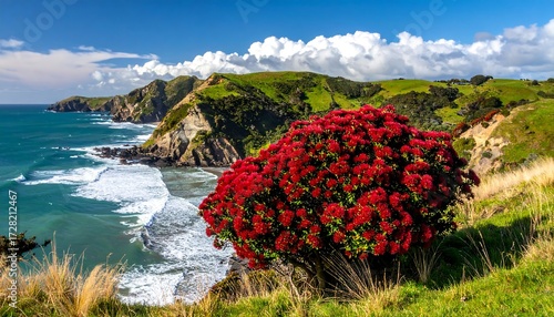 Coastal landscape with vibrant red flowers