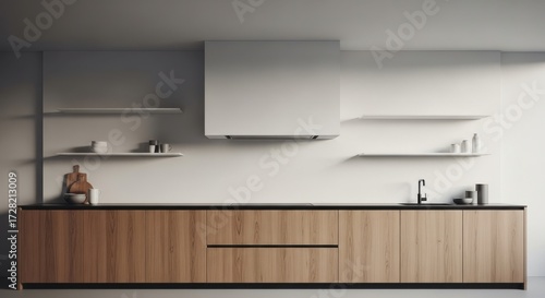 Modern kitchen with sleek wood cabinetry and minimalist shelving