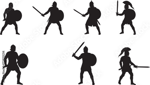 Ancient warrior silhouettes, gladiators with swords and shields, Roman fighters in combat stances, black vector icons for history, battle, character design, game