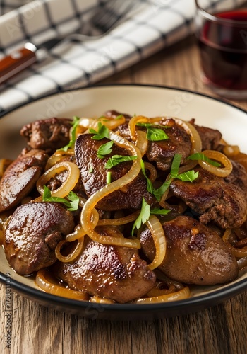 Delicious liver and onions dish served on a plate with a glass of red wine nearby on a wooden table