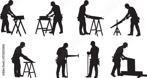 Woodworking silhouette set, carpenter using tools, sawing, sanding, measuring, hammering, inspecting, assembling, black vector icons for DIY, construction, craft