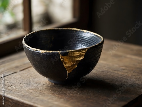 Wabi-Sabi beauty in a cracked, golden-mended tea bowl
