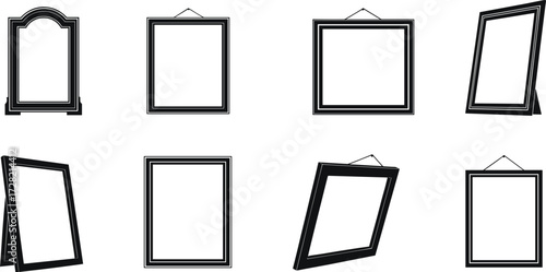 Black and white frame silhouettes, hanging and standing styles, ornate and simple borders, isolated icons for decoration and graphic design