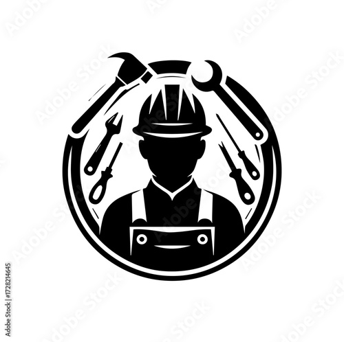 A stylized illustration of a construction worker surrounded by various tools, in a circular design.