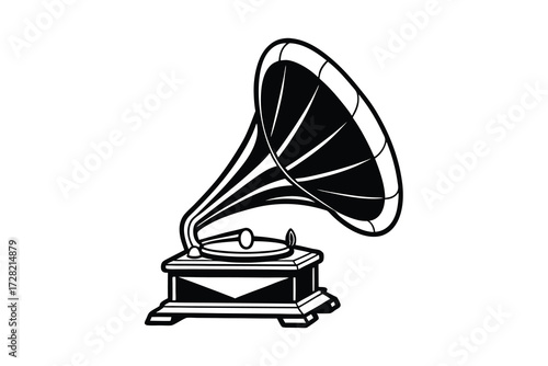 Vintage Gramophone Illustration Nostalgic Musical Device Phonograph Black and White