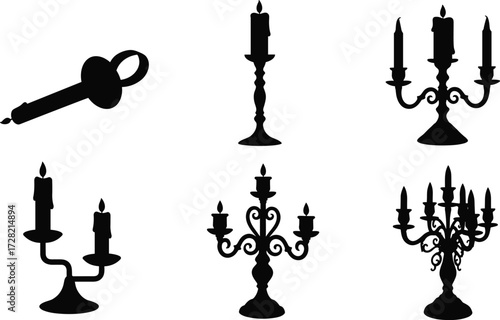 Candle holders and fountain pen silhouettes, vintage candelabra designs, ornate candle stands, black icons isolated on white background, elegant decor elements