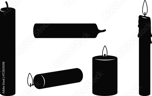 Candle silhouettes in various shapes, burning and unlit, wax dripping, flame variations, horizontal and vertical positions, isolated on white background