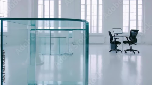 Modern, minimalist office space with glass partitions