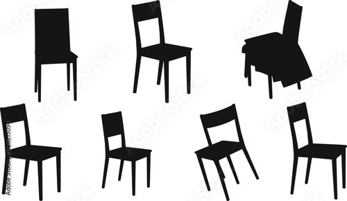 Chair silhouettes, black chairs, minimalist furniture, modern design, abstract seating, interior concept, artistic composition, isolated chairs, white background, scattered arrangement