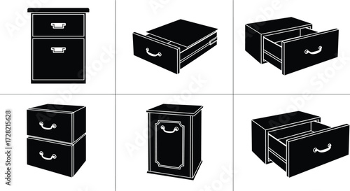Filing cabinet silhouettes, black furniture, drawer design, office storage, abstract shapes, modern style, isolated cabinets, white background, handle variation, organization concept
