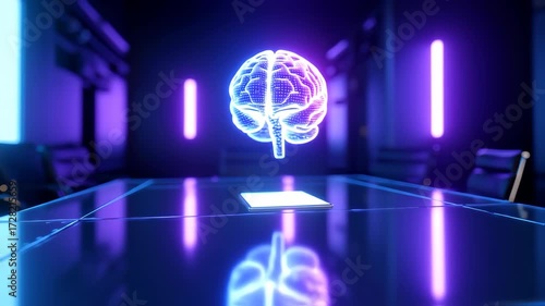Holographic brain floats above a sleek, modern table illuminated by vibrant neon lights