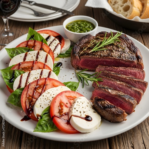 Steak and caprese salad served on a white plate with pesto and a glass of red wine nearby