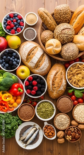 Various healthy food items displayed on a wooden surface in bowls and plates for a balanced diet