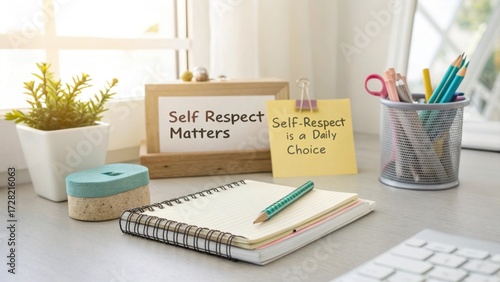 Workspace with notebook and inspirational self-respect quotes
