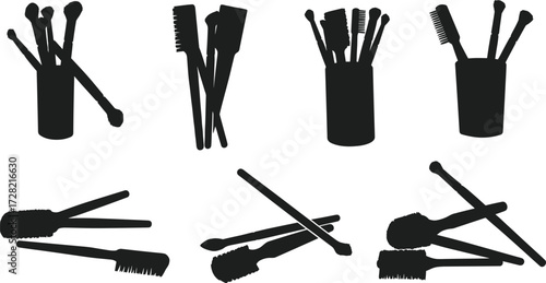 Makeup brush and tool silhouettes, cosmetic accessories in holders and sets, black icons, isolated on white background, beauty and grooming essentials
