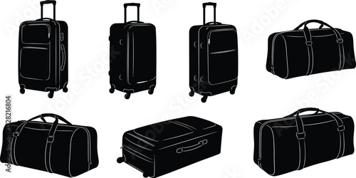 Luggage silhouette collection, black travel bag icons, rolling suitcase shapes, duffel bag design, vector luggage illustration, portable travel gear, minimalist style