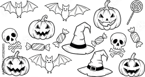 Vector art of halloween doodles with pumpkins, bats, skulls, hats, and candy