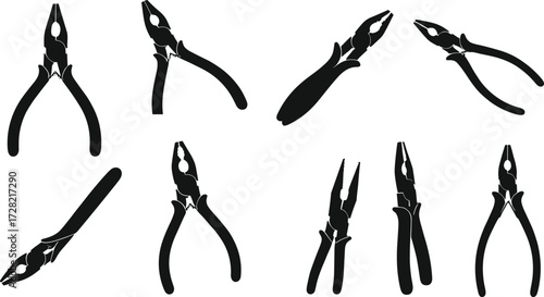 Pliers silhouette collection, black tool icons, mechanical equipment set, isolated on white background, vector illustration, hand tools, repair gear