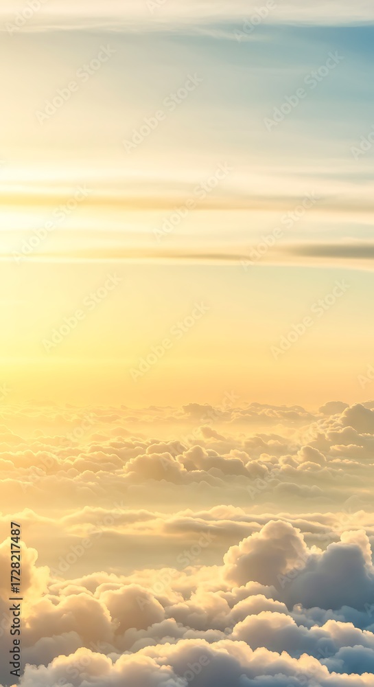 Fototapeta premium Breathtaking golden hour aerial view of fluffy clouds floating serenely in the sky, perfect for inspirational dreamscapes and calming visuals