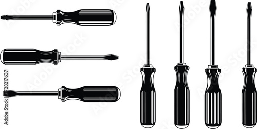 Screwdriver silhouettes collection, black tool icons, flathead and Phillips tips, isolated on white background, mechanical equipment, vector illustration, repair tools