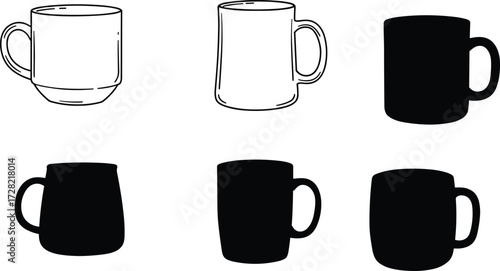 Silhouette and outline collection of mugs, coffee cup designs, black icons, vector illustration, kitchenware accessory, isolated on white background