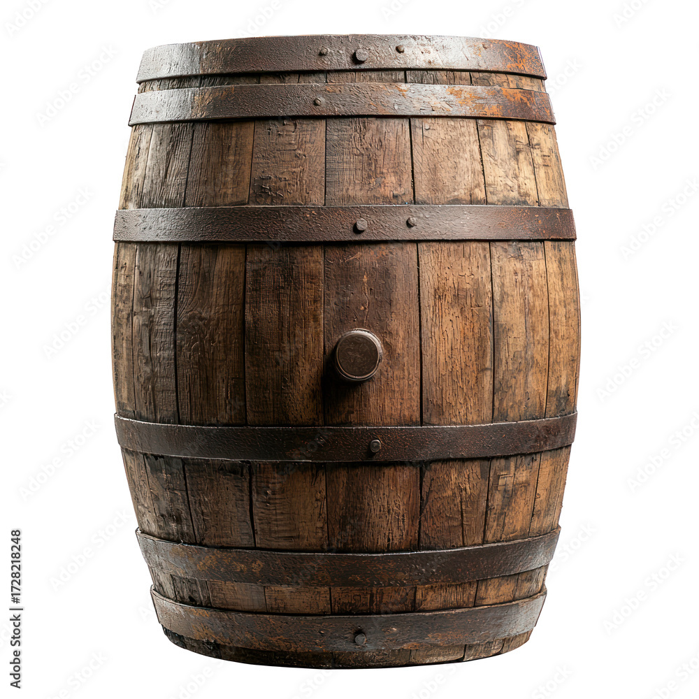 Fototapeta premium A wooden barrel with a metal handle and a wooden lid.