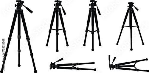 Silhouette collection of camera tripods, adjustable legs, pan tilt head, photography equipment, black icons, vector illustration, isolated on white background
