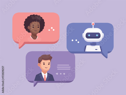 다양한 인종의 사람들이 함께 대화하는 모습과 인공지능 로봇의 대화를 벡터 일러스트레이션으로 표현한 그림입니다.