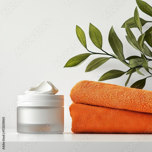 White jar of cream, orange towels, and leaves on white shelf