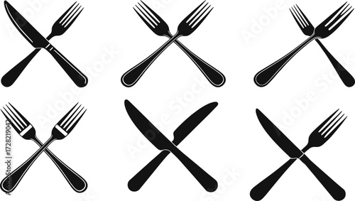 Silhouette collection of crossed forks and knives, dining utensils, black icons, vector illustration, restaurant symbol, food accessory, isolated design