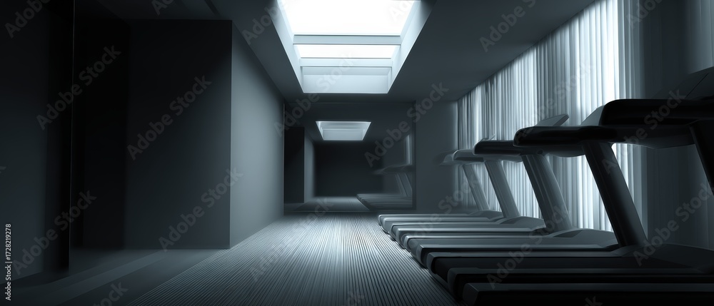 Obraz premium Rows of treadmills line a modern fitness center illuminated by natural light streaming through the skylight and sheer white curtains.