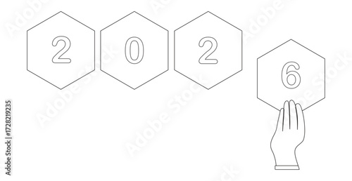 Line art of a hand holding the number 6 to complete the number 2026 written in a hexagonal frame. This icon is to celebrate and have a happy new year 2026.