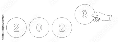 Line art of a hand holding the number 6 to complete the number 2026 written in a round frame. This icon is to celebrate and have a happy new year 2026.
