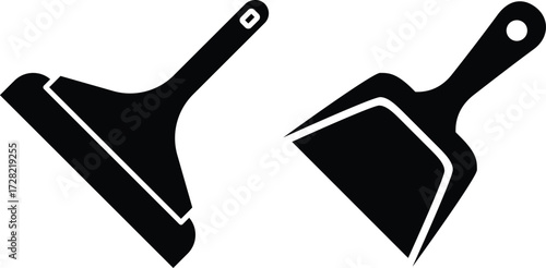 Squeegee and Dustpan Icons Cleaning Supplies Icons Set for Household Chores Set of cleaning tool icons including Squeegee and Dustpan Cleaning tools silhouette icon set