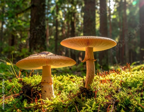 Two mushrooms emerge from mossy forest floor, bathed in sunlight