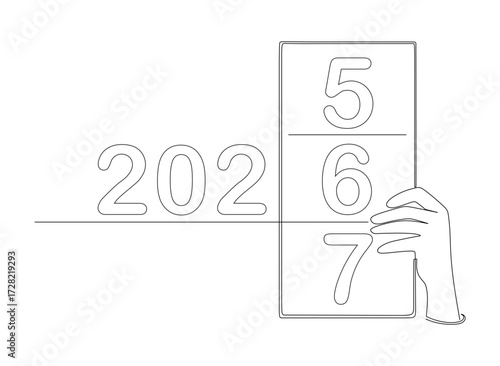 Line art of a hand holding the number 6 to complete the number 2026 written in a square frame. This icon is to celebrate and have a happy new year 2026.