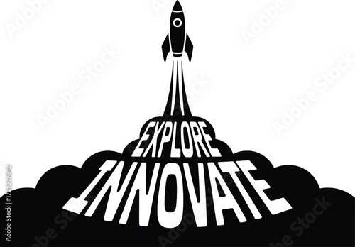 Rocket launching into sky with explore innovate text for startup business growth and success