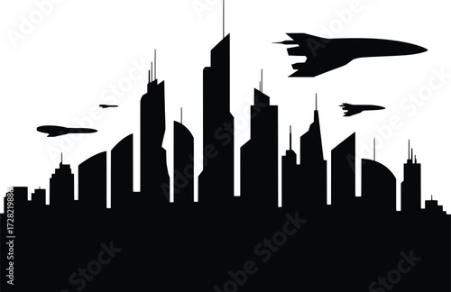 Futuristic cityscape silhouette with flying spacecraft against white sky