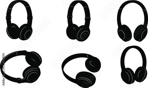 Silhouette collection of headphones, over-ear design, audio equipment, black icons, vector illustration, music accessory, isolated on white background