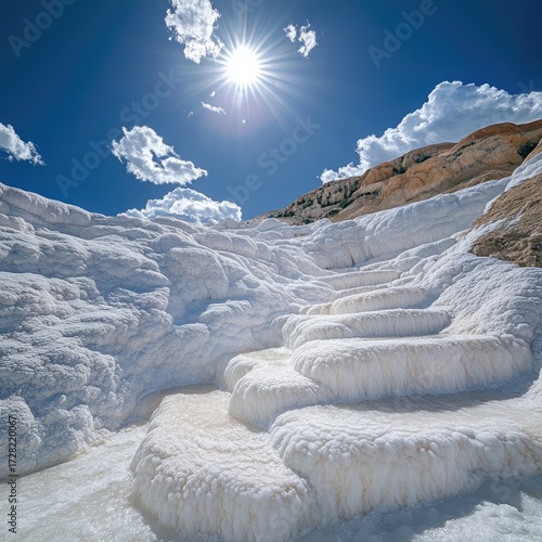 White mineral terraces under a bright sun