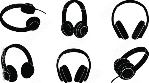 Silhouette collection of over-ear headphones, audio equipment, music accessory, black icons, vector illustration, modern design, isolated on white background