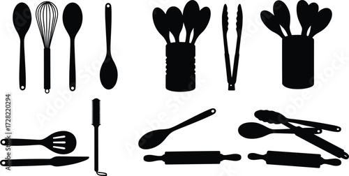 Silhouette collection of kitchen utensils, cooking tools, spatula, whisk, rolling pin, tongs, spoon, vector illustration, black icons, isolated