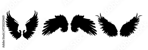 Collection of three pairs of black feathered wing silhouettes in different open poses isolated on white background