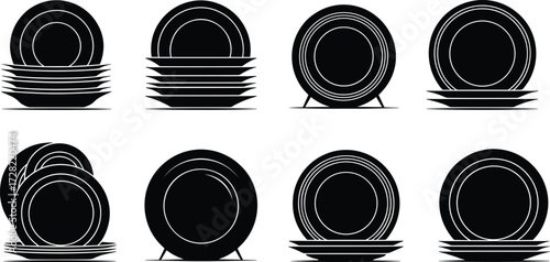 Silhouette collection of plate arrangements, stacked dishes, kitchenware icons, black vector illustration, food accessory, isolated design, restaurant tableware layout