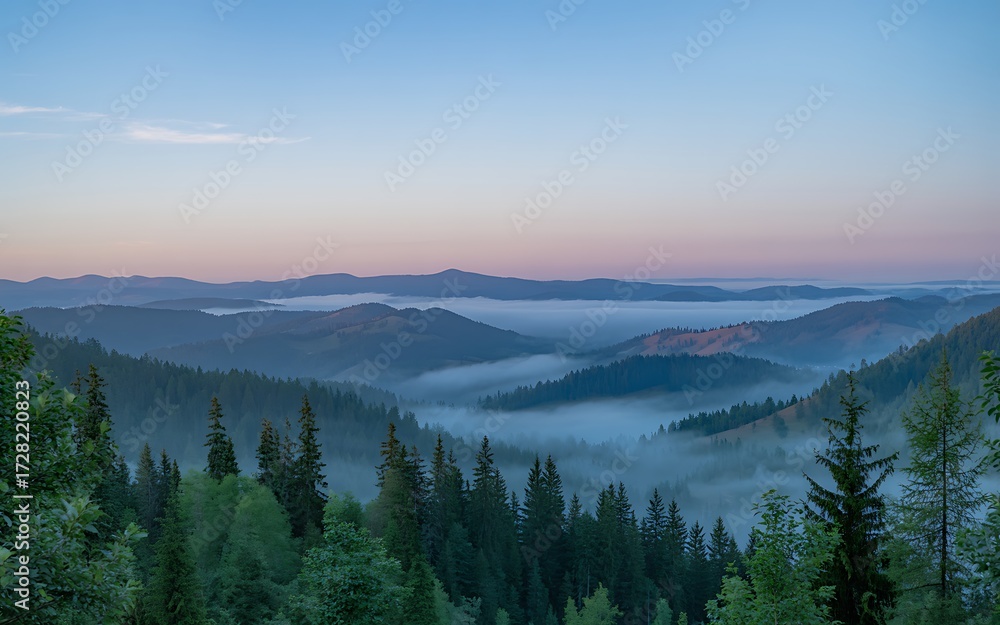 Obraz premium Misty mountain valley at sunrise